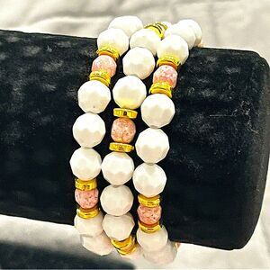 NEW Set of 3 White Faceted Acrylic & Pink Czech Glass Handmade Beaded Bracelets